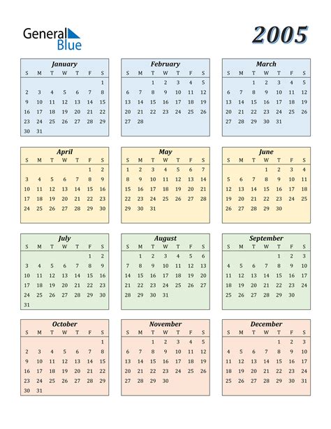 2005 calendar printable free