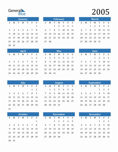 2005 printable calendar excel