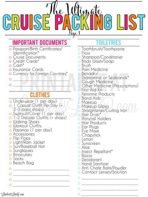 Cruise packing list printable