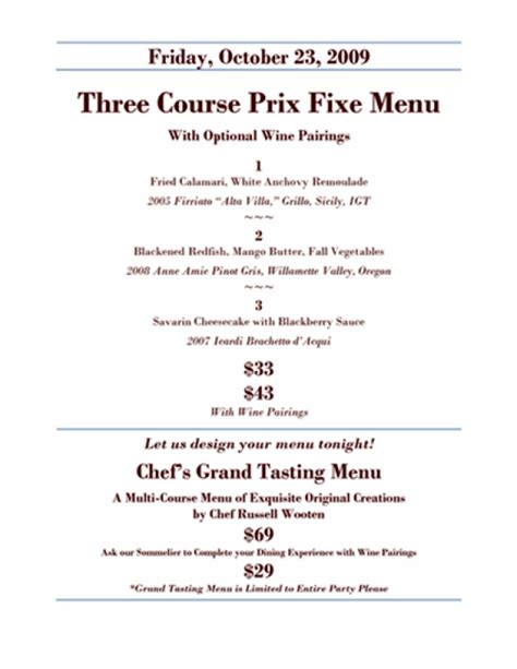 Examples of Pre Fixe Menus