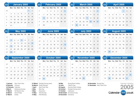 printable 2005 calendar with holidays