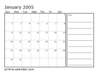 printable 2005 calendar with space for notes